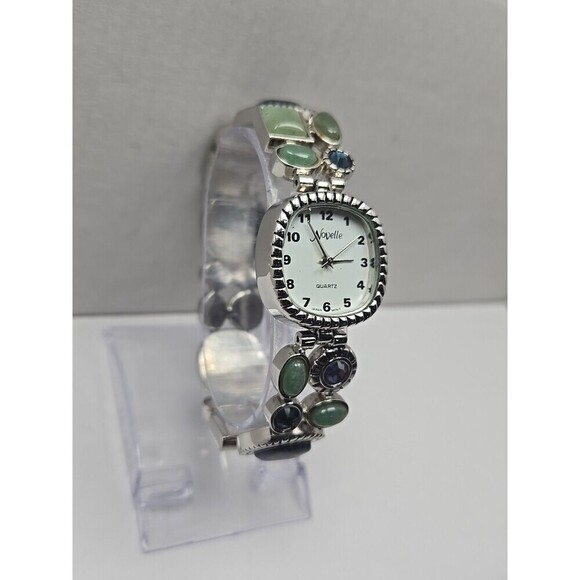 Novelle Gemstone Bracelet Watch Aventurine Blue Cabochon Silver Tone New Battery - Picture 3 of 10